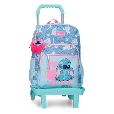 Mochila de rodinhas azul e rosa com estampa do Stitch e chaveiro peludo cor-de-rosa