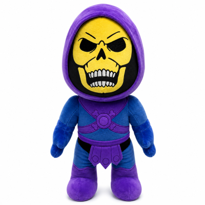 Pelúcia da personagem Skeletor com roupas azul e roxo e rosto amarelo.