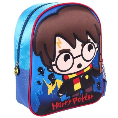 Mochila infantil azul com desenho de Harry Potter em estilo cartoon