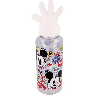 Garrafa transparente com tampa branca em forma de mão e decoração do Mickey Mouse