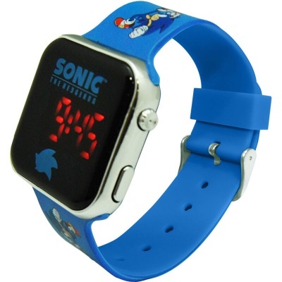 Relógio digital com bracelete azul e personagens Sonic