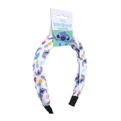 Aro de cabelo branco estampado com Stitch e frutas, embalagem com texto Disney LILO & STITCH HEADBAND