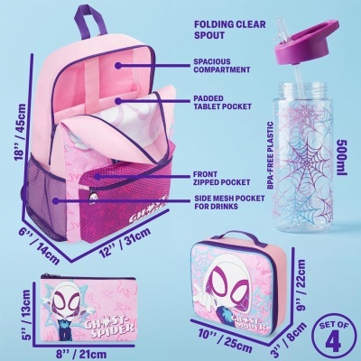 Conjunto Ghost-Spider com mochila, lancheira, bolsa e garrafa