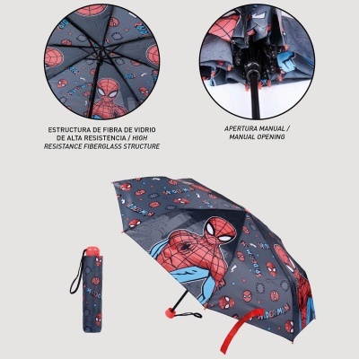 Guarda-chuva azul escuro com padrão Homem-Aranha com capa e instruções em texto
