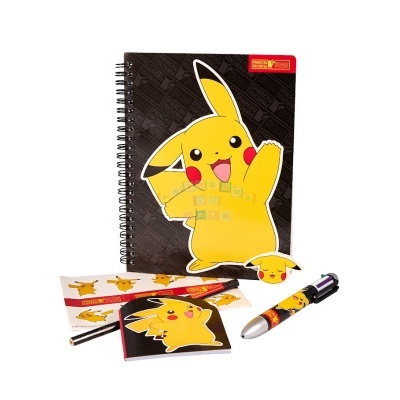 Conjunto de papelaria Pikachu com caderno, caderneta, caneta, régua e borracha