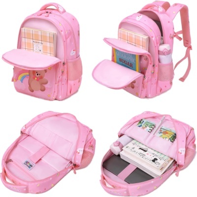 mochila escolar rosa com bolso frontal com urso e várias divisões