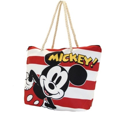 Bolsa de tecido com estampa do Mickey e riscas vermelhas e brancas