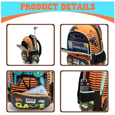 Mochila de carrinho laranja com padrão de videojogos e texto Game On e Gaming Zone
