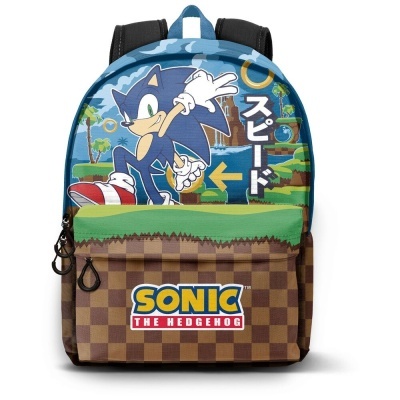 Mochila com estampa do Sonic the Hedgehog em fundo quadriculado castanho