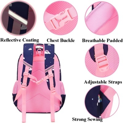 Mochila rosa e azul com características destacadas e texto em inglês
