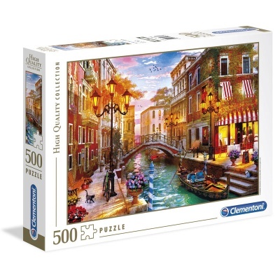 Caixa de puzzle Clementoni com imagem de canal e edifícios italianos coloridos.