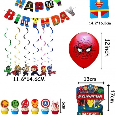 Decoração de festa Marvel com balões, pendurais, topo de bolo e cupcakes temáticos