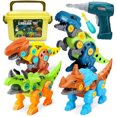 Brinquedos dinossauros desmontáveis coloridos com pistola de parafusos e caixa amarela