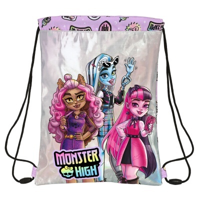Mochila saco Monster High com personagens coloridos e cordões pretos.