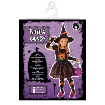 Pack de fantasia de bruxa para criança com vestido preto, gorro, mitenes, meias e balde roxo