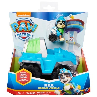 Veículo de brinquedo azul da PAW Patrol com personagem Rex e embalagem colorida
