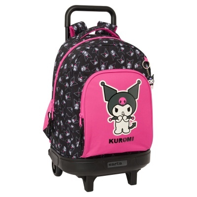 Mochila escolar com personagem Kuromi em preto e rosa com rodinhas