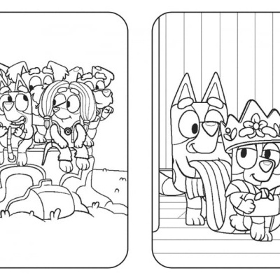 Desenho para colorir com cães antropomorfizados em dois quadros distintos.