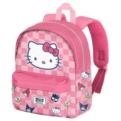 Mochila infantil rosa com padrão xadrez e personagens Hello Kitty