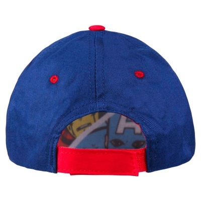 Boné azul escuro com fecho vermelho visto de trás.
