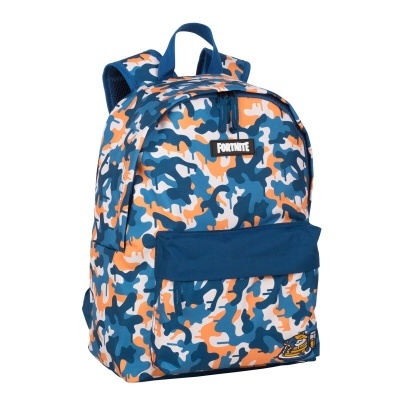 Mochila Fortnite camuflada azul, branco e laranja com bolso frontal