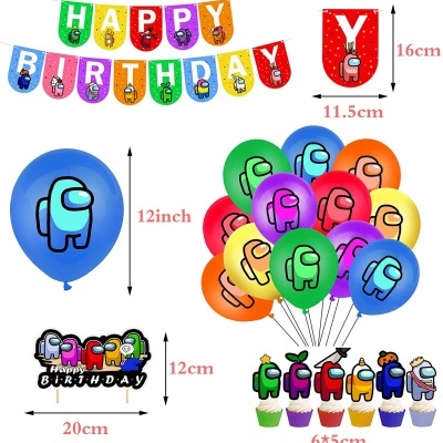 Decoração de aniversário Among Us com balões, faixa e toppers para cupcakes coloridos