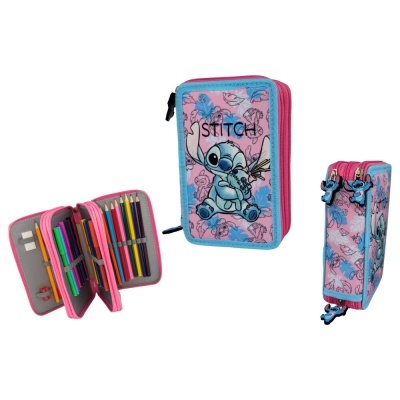 Estojo escolar rosa e azul com personagem Stitch e interior com lápis e canetas coloridas