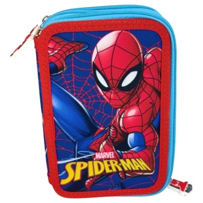 Estojo escolar com imagem do Spider-Man, zíper azul e vermelho.