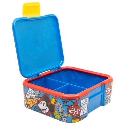 Marmita quadrada colorida com tampa azul aberta e divisórias interiores