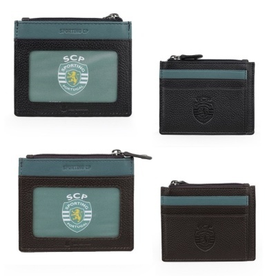 Carteiras de couro SCP Sporting Portugal em preto e castanho com fecho e janelas para cartões.