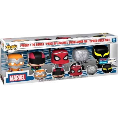 Conjunto de seis figuras Funko Pop! Marvel com personagens de Spider-Man na embalagem original.