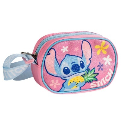 Bolsa pequena rosa com desenho do personagem Stitch segurando abacaxi e flores coloridas