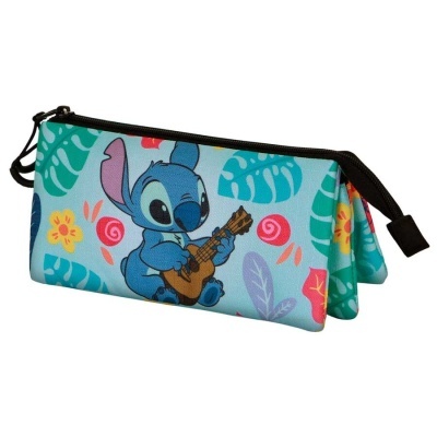 Estojo azul com Stitch a tocar ukulele e padrões coloridos