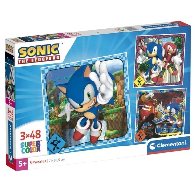 Caixa de puzzles Sonic the Hedgehog Clementoni com 3 puzzles de 48 peças cada e imagens coloridas.