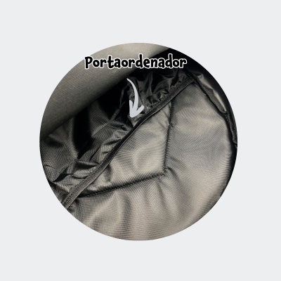 Interior acolchoado de portaordenador preto com seta branca e texto Portoordenador