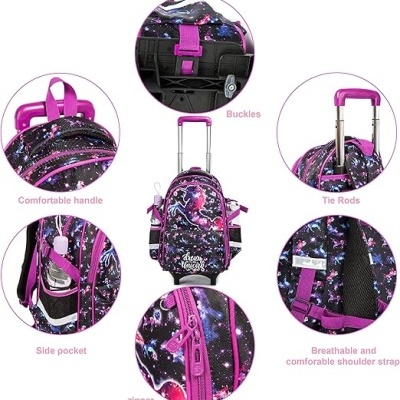 mochila com padrão de galáxia e alça telescópica para transporte