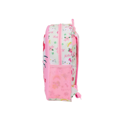 Mochila infantil rosa e branca com estampa floral e bolso lateral em rede cor-de-rosa