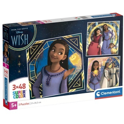 Caixa de três puzzles Disney Wish da Clementoni com imagens de personagens femininas em tons azuis e roxos