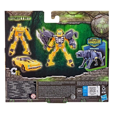 Embalagem de brinquedo Transformers Bumblebee e Skoldracer, com imagens das figuras e textos BUMBLEBEE e BEAST ALLIANCE.