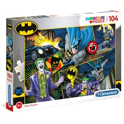 Caixa de puzzle Clementoni com 104 peças, desenho de Batman e Coringa