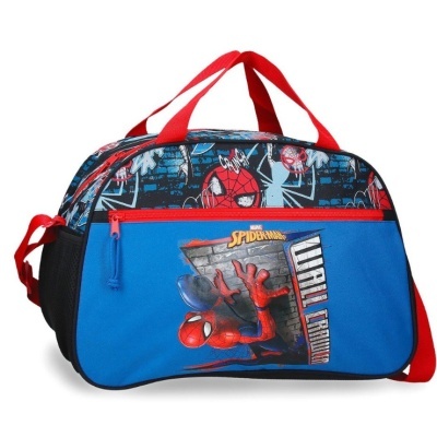 Saco de desporto azul e preto com padrão Homem-Aranha e alças vermelhas