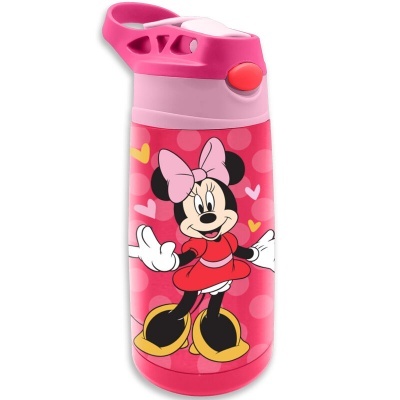 Garrafa isotérmica rosa com Minnie Mouse e padrões de corações