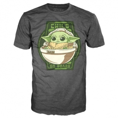 T-shirt cinzenta com estampa do Baby Yoda no peito com texto 'CHILD IN BAGGAGE'