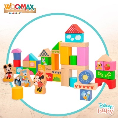 Conjunto colorido de blocos de madeira Disney Baby com personagens e formas geométricas