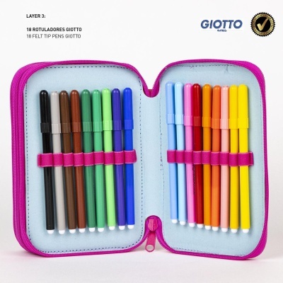 Estojo rosa aberto com 18 marcadores de feltro em várias cores