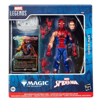 Figura de ação Spider-Man Marvel Legends com acessórios e carta colecionável num pacote azul e vermelho
