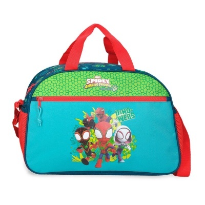 Mala infantil azul e verde com personagens Spider-Man e alças vermelhas