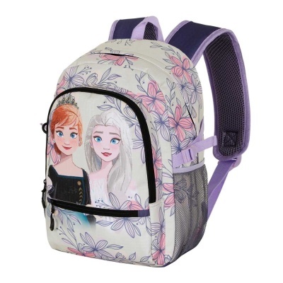 Mochila infantil estampada com personagens Anna e Elsa de Frozen e padrão floral