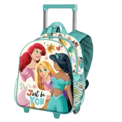 mochila infantil com rodinhas e imagem de princesas da Disney com texto