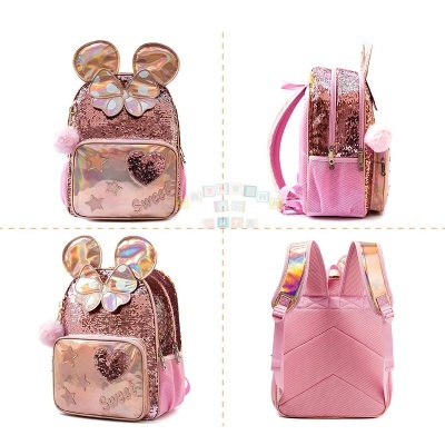 Mochila rosa para crianças com orelhas e laço brilhantes, bolso frontal com coração e estrelas, pompom rosa.